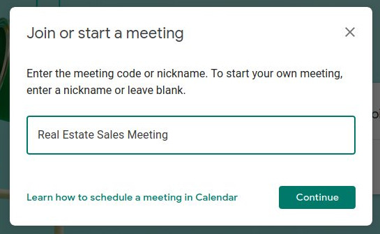 Google Meet - Join or start a meeting window 