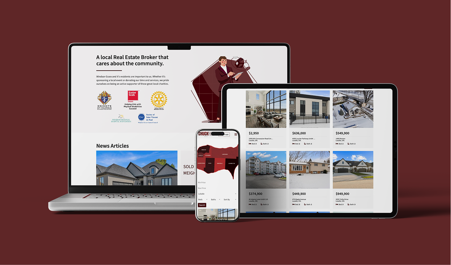 Chuck Roy, Broker website on laptop, phone, and tablet